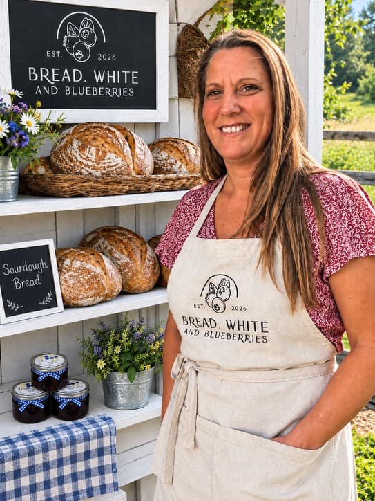 Sherri in a Bread, White and Blueberries apron, standing beside shelves of sourdough loaves and jars of jam
